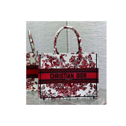 Dior M1296 Christian Dior Medium Dior Book Tote Bag in White and Red Le Cœur des Papillons Embroidery