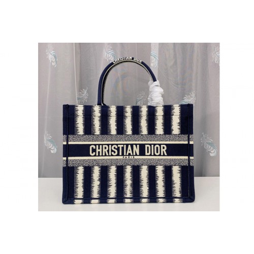 Christian Dior M1296 Small Dior Book Tote Bag in Blue D-Stripes Embroidery