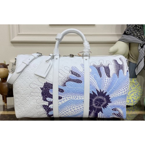 Louis Vuitton M21678 LVxYK Bandouliere Keepall 50 Bag in White Taurillon Monogram cowhide with Psychedelic Flower print Louis Vuitton M21678 LVxYK Bandouliere Keepall 50 Bag in White Taurillon Monogram cowhide with Psychedelic Flower print