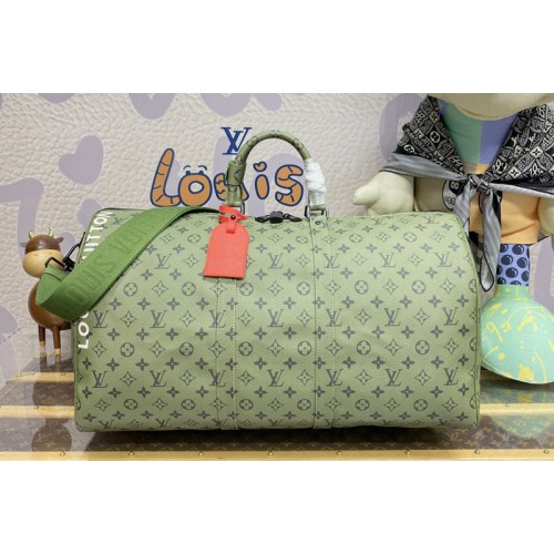 Louis Vuitton M23963 Keepall Bandoulière 55 Bag in Khaki Green Vermillion Red Monogram coated canvas