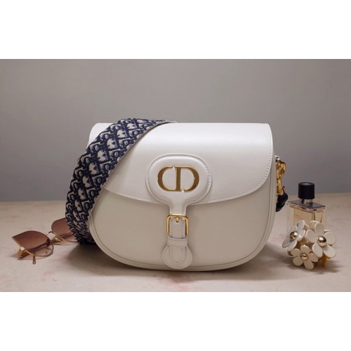 Christian Dior M9320 Large Dior Bobby Bag in Latte Box Calfskin with Blue Dior Oblique Embroidered Strap