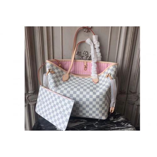 Louis Vuitton N41605 Neverfull MM Bag in Damier Azur Canvas With Pink Louis Vuitton N41605 Neverfull MM Bag in Damier Azur Canvas With Pink