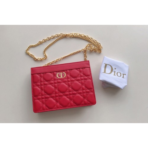 Christian Dior S5106 Dior Caro zipped pouch with chain in Red Supple Cannage Calfskin