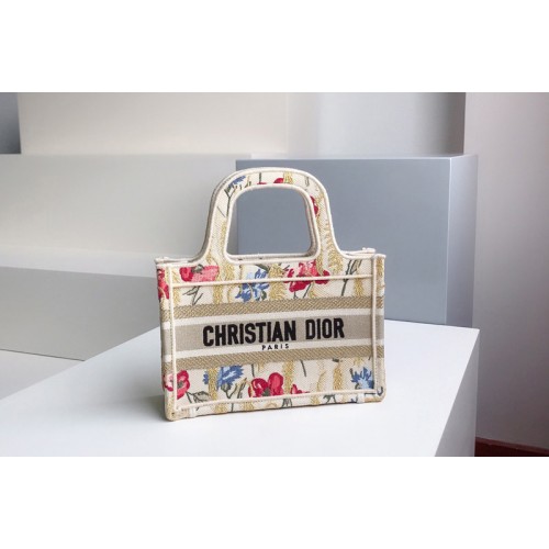 Christian Dior S5475 mini dior book tote Bag in Beige Multicolor Dior Hibiscus Embroidery
