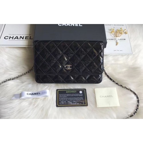 Chanel WOC Flap Bag Original Patent Leather A33814 Black Silver Chain
