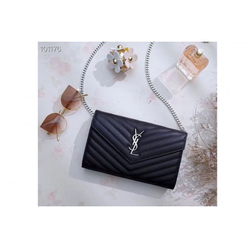 YSL Chain Wallet Black Matelasse Leather Silver Hardware