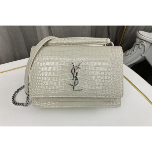 YSL SUNSET CHAIN WALLET Bag IN White CROCODILE-EMBOSSED SHINY LEATHER