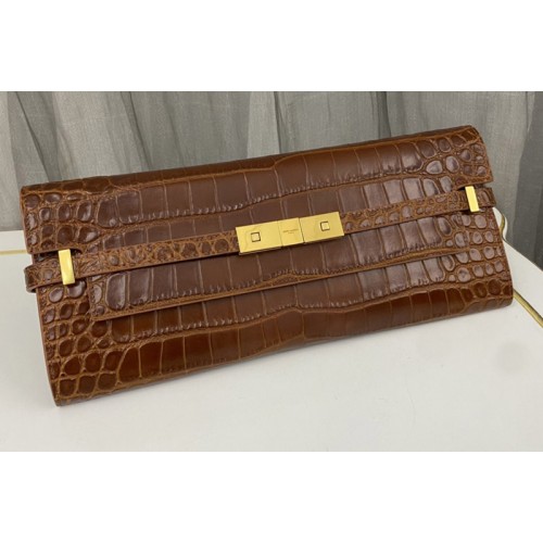 YSL MANHATTAN CLUTCH IN Brown CROCODILE-EMBOSSED LEATHER