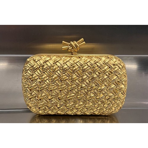Bottega Veneta Knot clutch Bag in Gold Pressed intreccio laminated leather