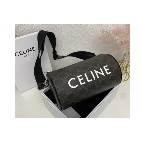 Celine CYLINDER BAG IN TRIOMPHE CANVAS XL WITH CELINE PRINT With Black Calfskin Leather