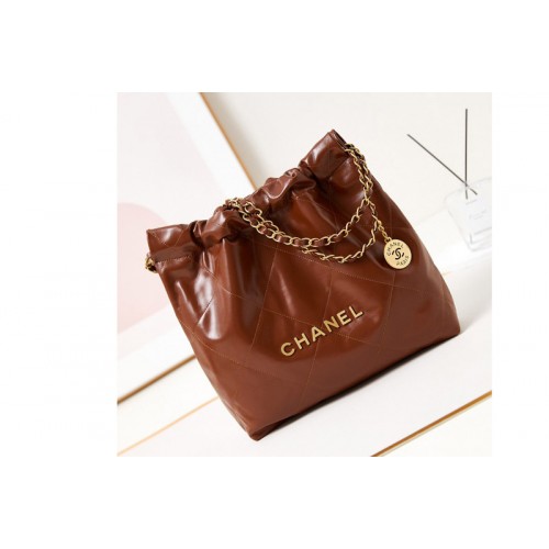 Chanel 22 Small Handbag AS3260  in Brown Shiny Calfskin