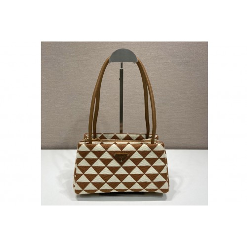 Prada 1BA368 Small embroidered fabric Prada Symbole bag in Brown White