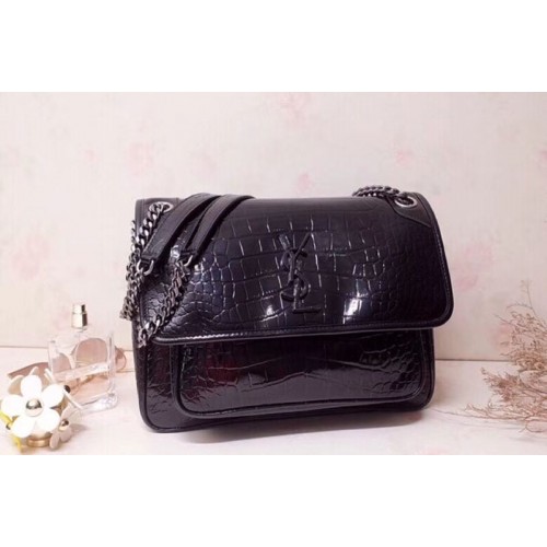 YSL Niki Medium Bag in Black Embossed Crocodile 