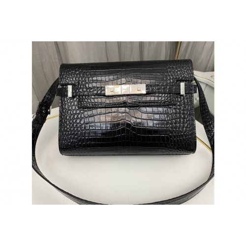 YSL MANHATTAN SMALL SHOULDER BAG IN Black CROCODILE-EMBOSSED LEATHER With Silver Buckle YSL MANHATTAN SMALL SHOULDER BAG IN Black CROCODILE-EMBOSSED LEATHER With Silver Buckle